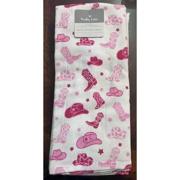 Kitchen Towels Cowgirl Boots Cowboy And Hat Pink Truly Lou Set Of 3‎ - New - Picture 4 of 4